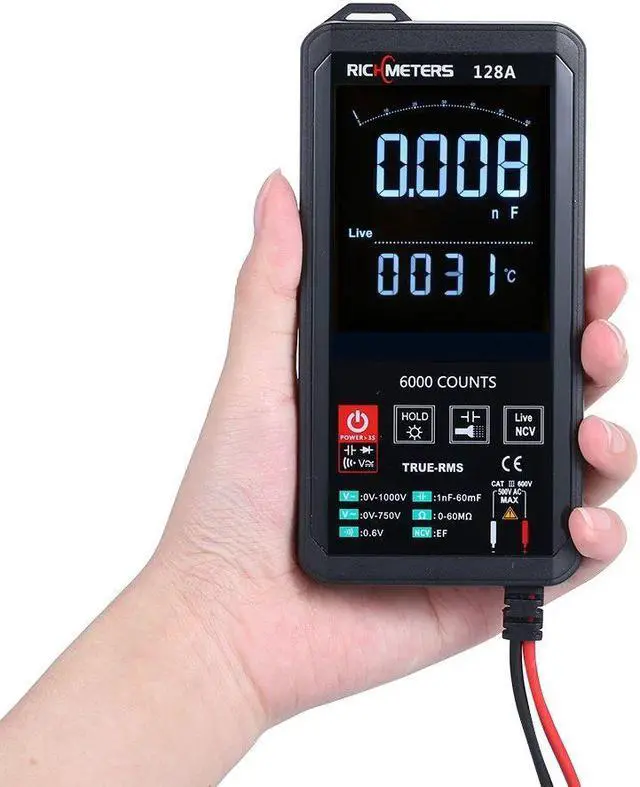 Alt view image 5 of 7 - RICHMETERS 128A Digital Multimeter 6000 Counts True-RMS Auto Ranging AC/DC Voltage Temperature Measuring Meter Flash Light Backlight Large Screen