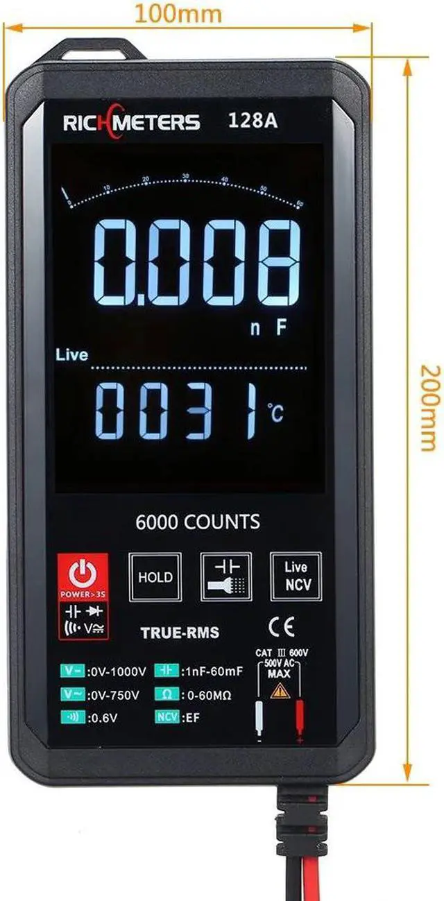Alt view image 4 of 7 - RICHMETERS 128A Digital Multimeter 6000 Counts True-RMS Auto Ranging AC/DC Voltage Temperature Measuring Meter Flash Light Backlight Large Screen