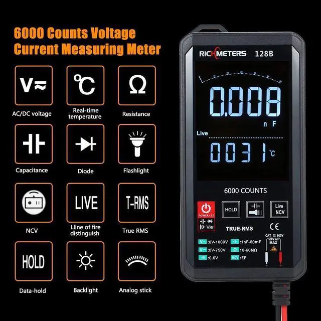 Alt view image 2 of 7 - RICHMETERS 128B Digital Multimeter 6000 Counts True-RMS Auto Ranging AC/DC Voltage Temperature Measuring Meter Flash Light Backlight Large Screen