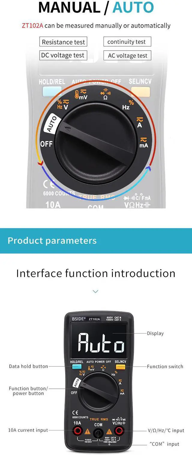 Alt view image 5 of 5 - BSIDE ZT102A EBTN LCD Digital Multimeter TRMS AC/DC Voltage Current Temp Ohm Frequency Diode Resistance Capacitance Tester