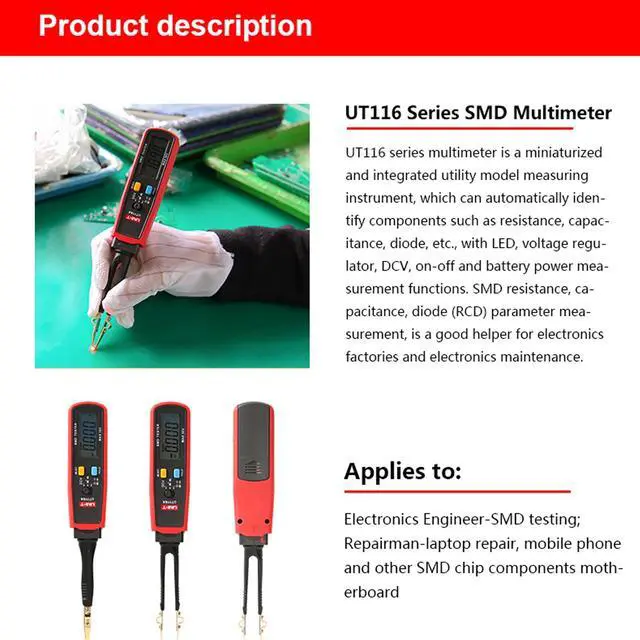 Alt view image 3 of 6 - UNI-T UT116A SMD Tester Meter Multimeter Rotable Tweezer Resistance Capacitance LED Diode Continuity Battery Tester