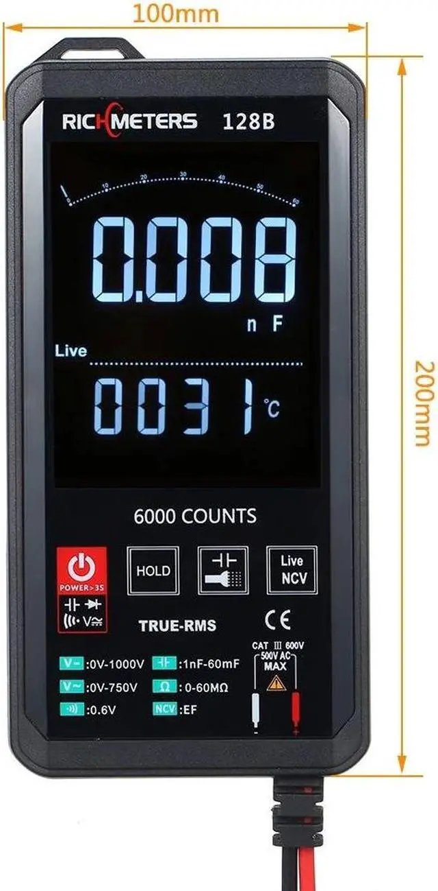 Alt view image 5 of 7 - RICHMETERS 128B Digital Multimeter 6000 Counts True-RMS Auto Ranging AC/DC Voltage Temperature Measuring Meter Flash Light Backlight Large Screen