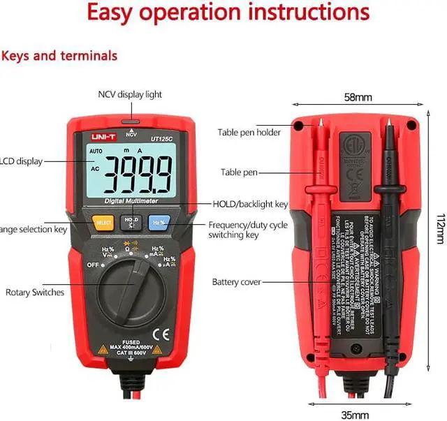 Alt view image 3 of 4 - UNI-T UT125C Mini Pocket Digital Multimeter Temperature Tester Resistor Capacitor Frequency Diode NCV Test Low Voltage Display