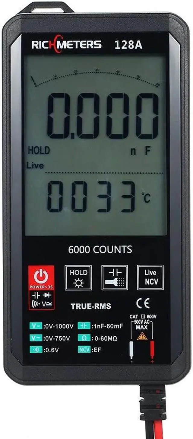 Main image of RICHMETERS 128A Digital Multimeter 6000 Counts True-RMS Auto Ranging AC/DC Voltage Temperature Measuring Meter Flash Light Backlight Large Screen