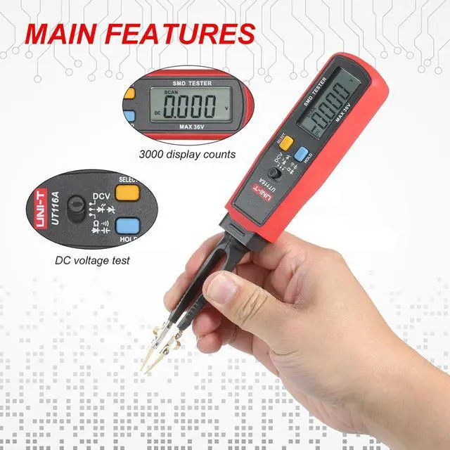 Alt view image 4 of 6 - UNI-T UT116A SMD Tester Meter Multimeter Rotable Tweezer Resistance Capacitance LED Diode Continuity Battery Tester