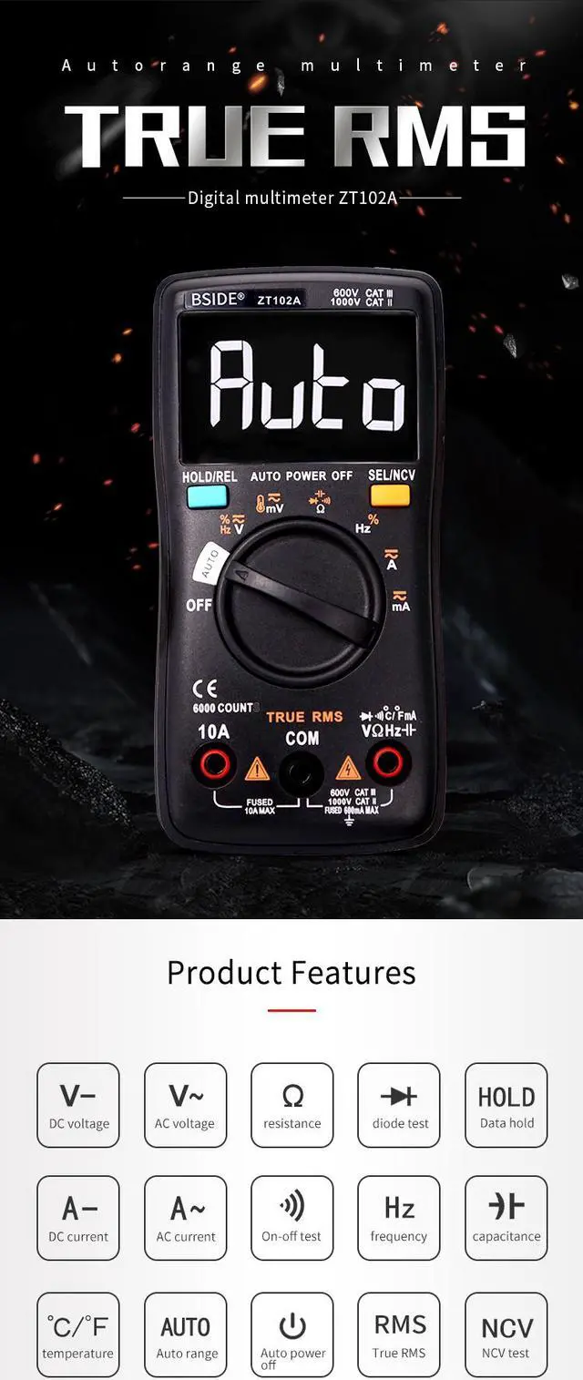Alt view image 2 of 5 - BSIDE ZT102A EBTN LCD Digital Multimeter TRMS AC/DC Voltage Current Temp Ohm Frequency Diode Resistance Capacitance Tester