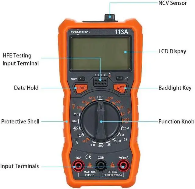 Alt view image 6 of 7 - RICHMETERS RM113A NCV Digital Multimeter 2000 Counts HFE AC/DC Voltage Measuring Meter with Magnetic Suction Flash Light Backlight Large Screen Multi-meter