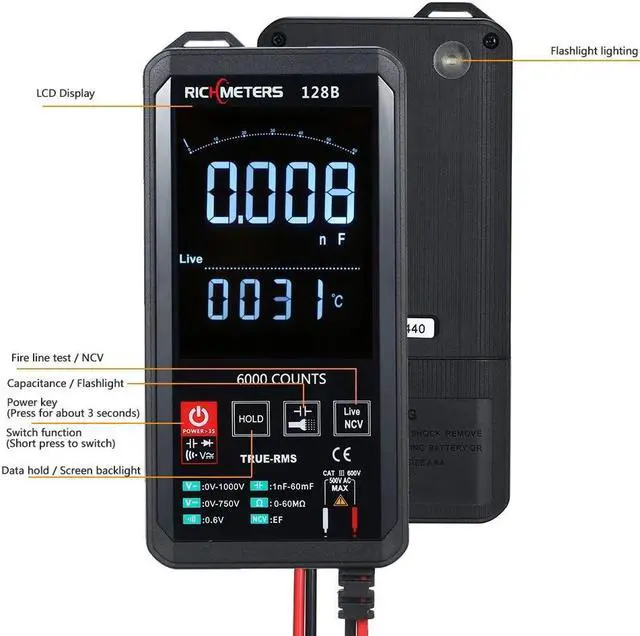 Alt view image 6 of 7 - RICHMETERS 128B Digital Multimeter 6000 Counts True-RMS Auto Ranging AC/DC Voltage Temperature Measuring Meter Flash Light Backlight Large Screen