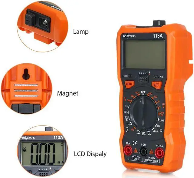 Alt view image 3 of 7 - RICHMETERS RM113A NCV Digital Multimeter 2000 Counts HFE AC/DC Voltage Measuring Meter with Magnetic Suction Flash Light Backlight Large Screen Multi-meter