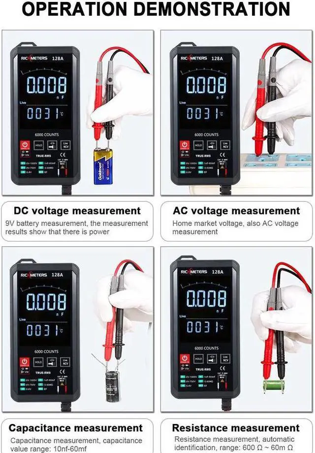 Alt view image 6 of 7 - RICHMETERS 128A Digital Multimeter 6000 Counts True-RMS Auto Ranging AC/DC Voltage Temperature Measuring Meter Flash Light Backlight Large Screen