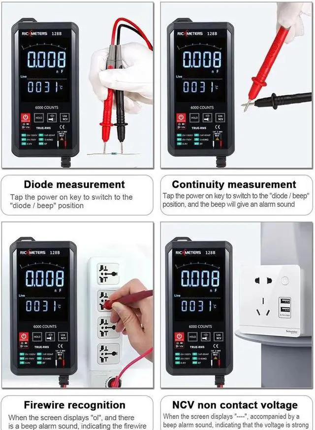 Alt view image 3 of 7 - RICHMETERS 128B Digital Multimeter 6000 Counts True-RMS Auto Ranging AC/DC Voltage Temperature Measuring Meter Flash Light Backlight Large Screen