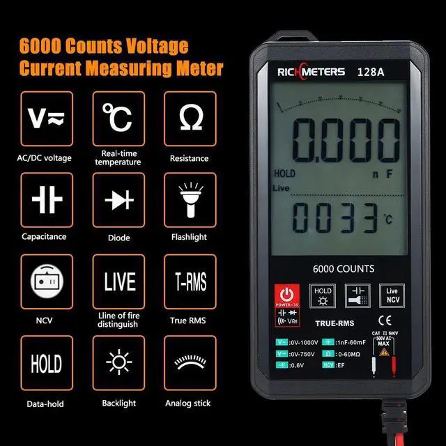 Alt view image 3 of 7 - RICHMETERS 128A Digital Multimeter 6000 Counts True-RMS Auto Ranging AC/DC Voltage Temperature Measuring Meter Flash Light Backlight Large Screen