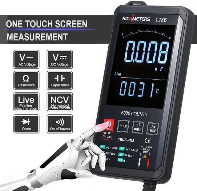 Alt view image 4 of 7 - RICHMETERS 128B Digital Multimeter 6000 Counts True-RMS Auto Ranging AC/DC Voltage Temperature Measuring Meter Flash Light Backlight Large Screen