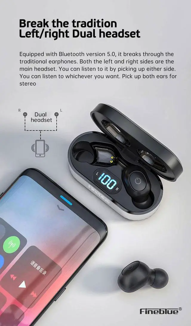 Alt view image 7 of 7 - Fineblue Air55 Pro LED display In Ear TWS Earphone Bluetooth V5.0 Gaming in Ear Headphones Case With mic headphones