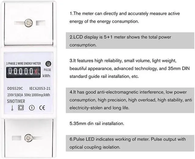 Alt view image 3 of 6 - Automatic Single Phase 2 Wire Electric Energy Counter AC 230V 5-80A Analog Watt Measurement Meter 35mm DIN Rail Mounting