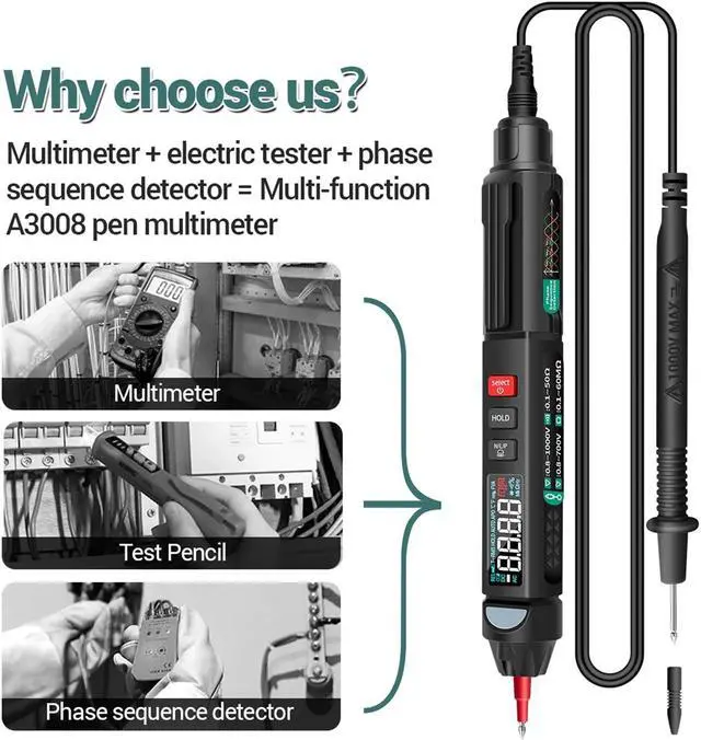 Alt view image 2 of 7 - ANENG A3008 Pen Multimeter 6000 Counts Digital Multimeter Meter Tester with LCD Display Backlight Flashlight NCV Auto-off Multiple Accessories for Voltage Current Resistance Capacitance Diode Continui