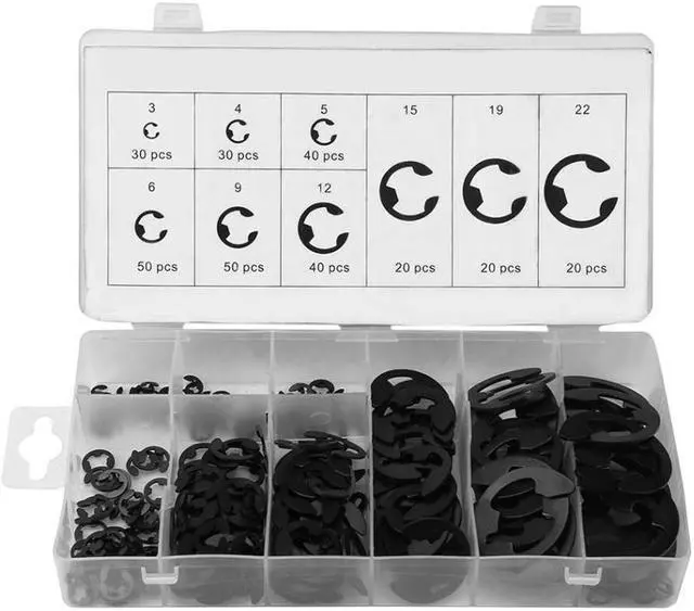 Main image of 300pcs A3 steel E-Clip E-ring Shaft Retaining Rings Assortment 3mm-22mm with Box Black fastener