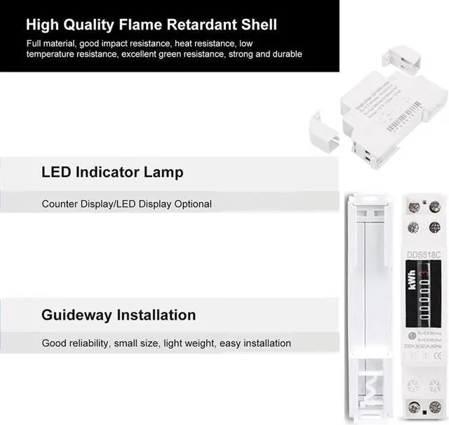 Alt view image 6 of 6 - Household Rail Single Phase Digital Display Electricity Power Consumption Wattmeter Energy Meter Watt KWh 5-32A 220V AC 50Hz