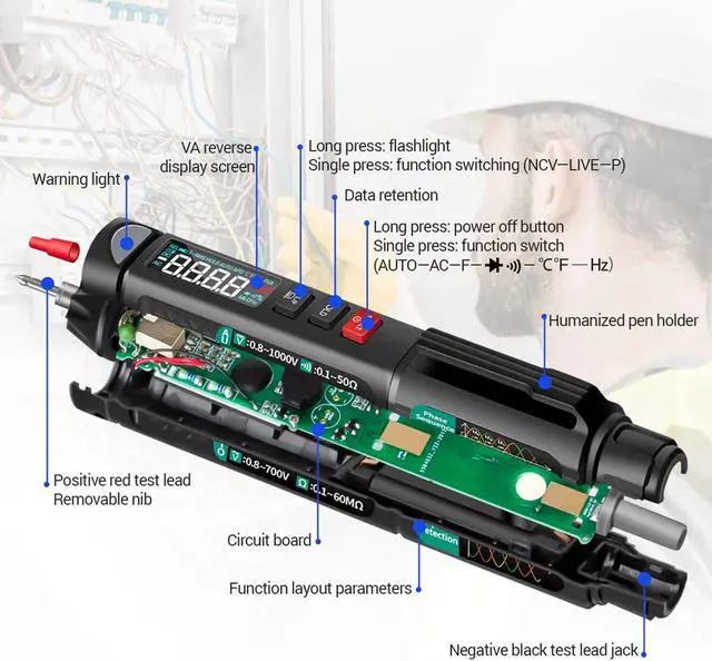 Alt view image 4 of 7 - ANENG A3008 Pen Multimeter 6000 Counts Digital Multimeter Meter Tester with LCD Display Backlight Flashlight NCV Auto-off Multiple Accessories for Voltage Current Resistance Capacitance Diode Continui