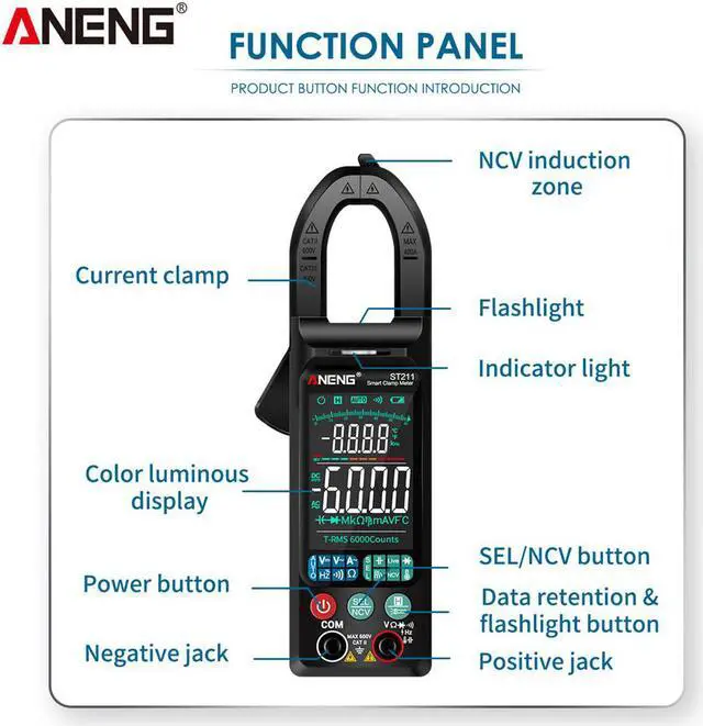 Alt view image 2 of 3 - ANENG ST211 Digital Clamp Meter 6000 Counts Multimeter DC/AC Voltage Current Tester Car Amp Hz Big Color Screen NCV Ohm Test - Black