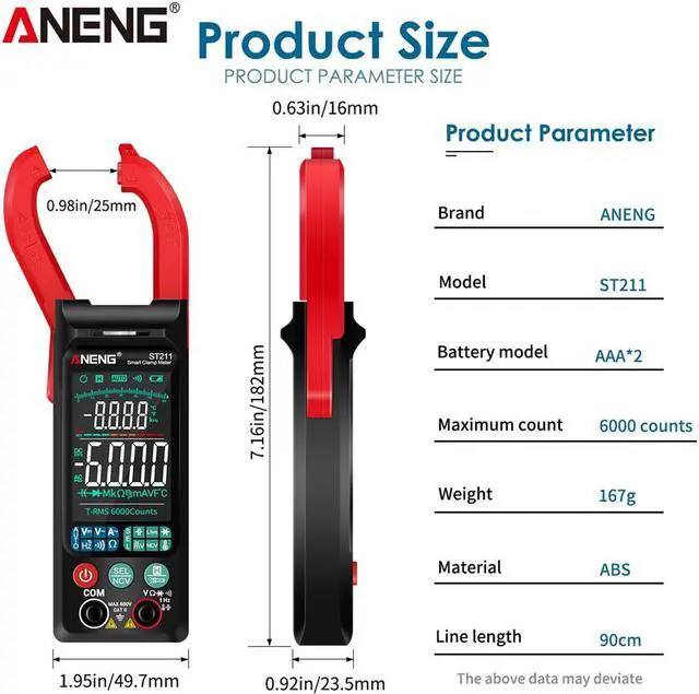 Alt view image 2 of 3 - ANENG ST211 Digital Clamp Meter 6000 Counts Multimeter DC/AC Voltage Current Tester Car Amp Hz Big Color Screen NCV Ohm Test - Red