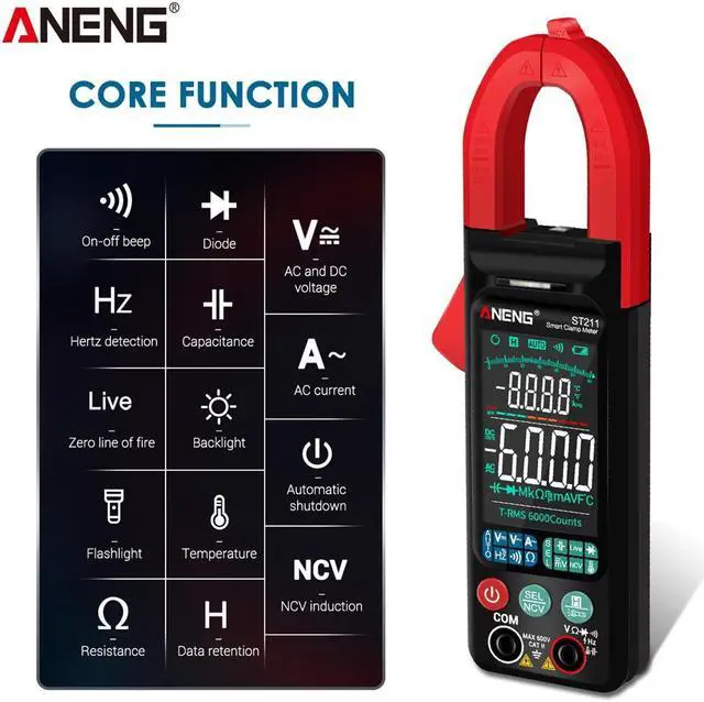 Alt view image 3 of 3 - ANENG ST211 Digital Clamp Meter 6000 Counts Multimeter DC/AC Voltage Current Tester Car Amp Hz Big Color Screen NCV Ohm Test - Red