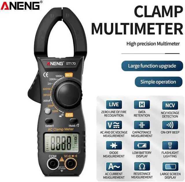 Alt view image 4 of 5 - ST170 Portable Digital Clamp Meter DC/AC Current Multimeter Ammeter Voltage Tester Diode Current Capacitance NCV Ohm Test - Black(no box)