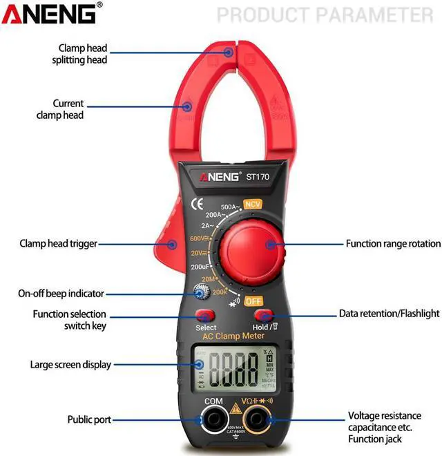Alt view image 2 of 2 - ST170 Portable Digital Clamp Meter DC/AC Current Multimeter Ammeter Voltage Tester Diode Current Capacitance NCV Ohm Test - Red