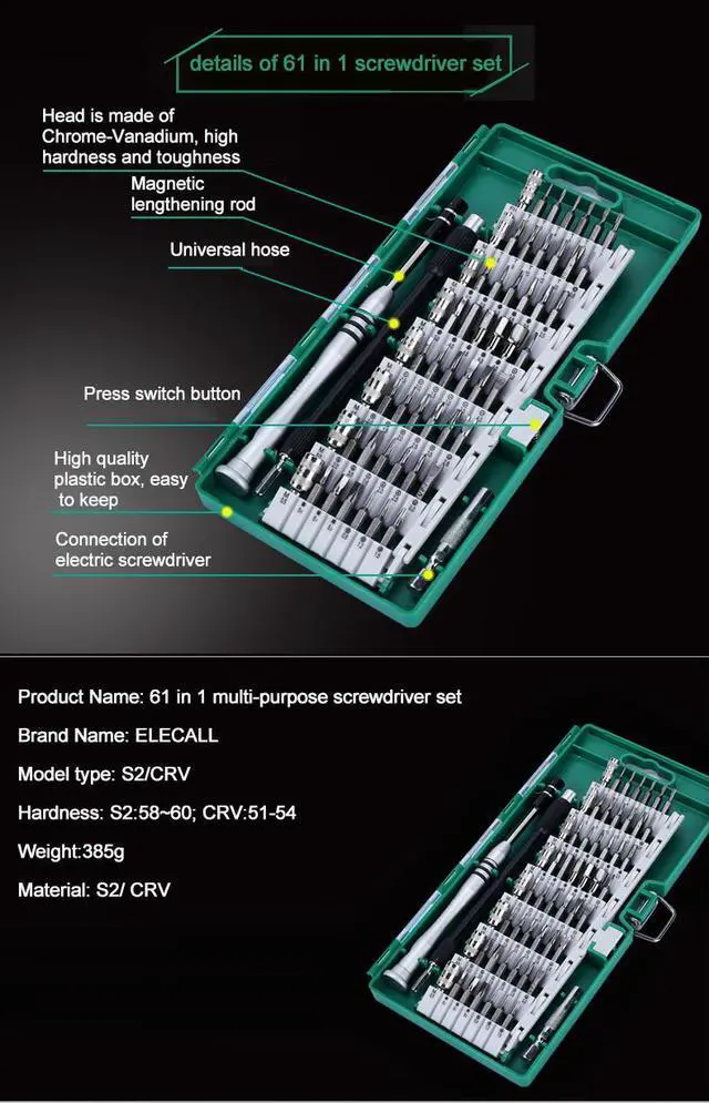 Alt view image 2 of 7 - ELECALL CRV Material 61 in 1 screwdriver Bit Magnetic Driver Kit Precision Screwdriver set Hand Tools for Phone Electronics Repair Tool Kit