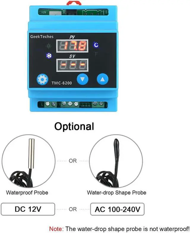 Alt view image 7 of 7 - DC 12V Water-drop Shape Probe Digital Temperature Controller Guide Rail One Way Thermostat Thermoregulator Temperature Instruments with Alarm Func