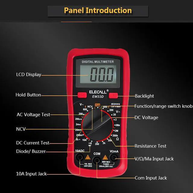 Alt view image 4 of 7 - ELECALL 3 1/2 Multimeter EM33D AC/DC 600V 1999 Counts Backlight Data Hold NCV Voltage Detection Overload Protection