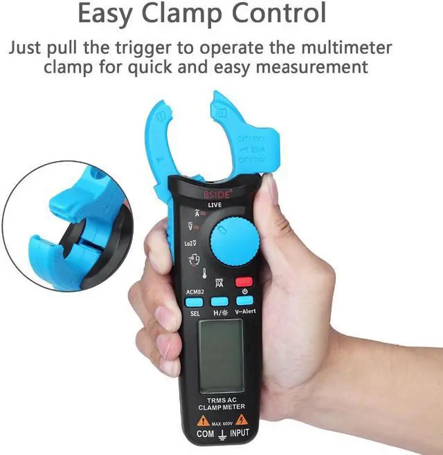Alt view image 4 of 6 - Bside ACM82 Digital True RMS Mini Clamp Meter Auto Range 0.001A Current Test Hz Temp Ohm uF V-alert Live Check with Pocket Clip (Blue)