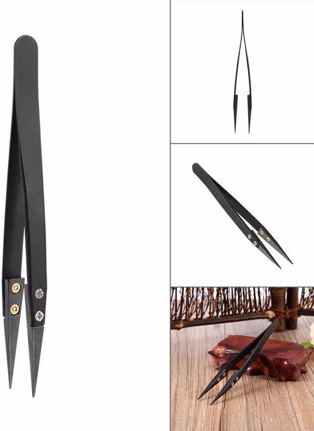 Alt view image 3 of 5 - Stainless Steel Ceramic Tweezers Heat Resistant Non Conductive Ceramic Pointed Tip Forceps DIY Tools Hand Tool - Black