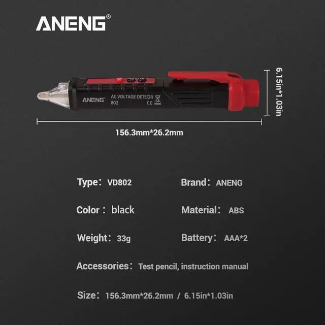 Alt view image 4 of 7 - ANENG VD802 Non-contact AC Voltage Detector Tester Meter 12V-1000v Pen Style Electric Indicator LED Outlet Voltage Dectetor Sensor Wit - Black