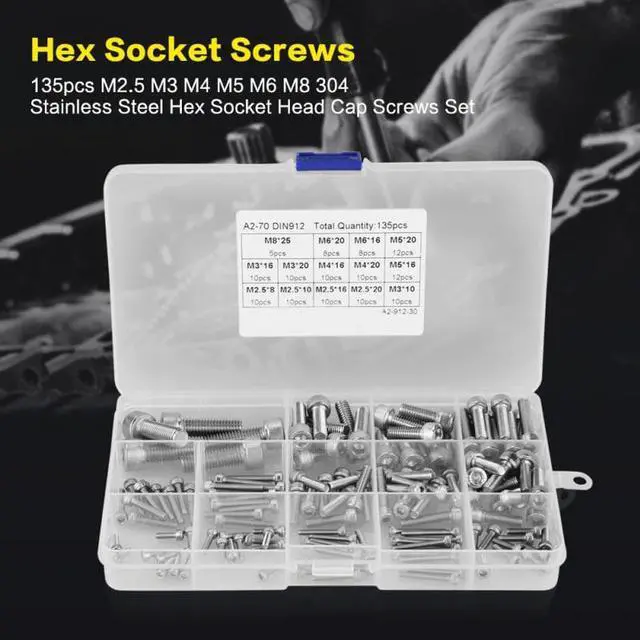 Alt view image 3 of 7 - New 135pcs Silver M2.5 M3 M4 M5 M6 M8 304 Stainless Steel Hex Socket Head Cap Screws Set 14 Different Sizes In One Set