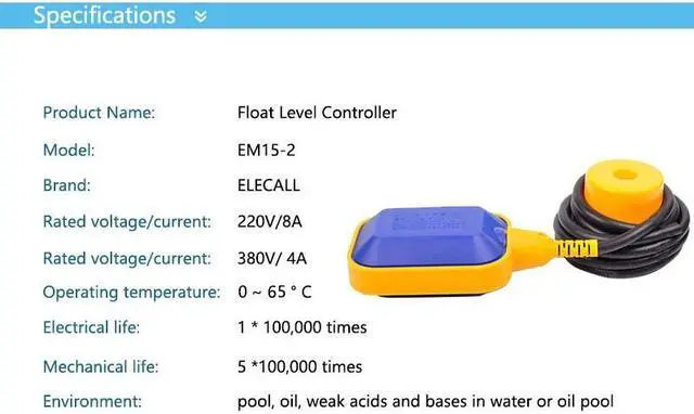 Alt view image 6 of 6 - ELECALL EM15-2 3M Controller Float Switch Liquid Fluid Water Level Float Switch Controller Contactor Sensor