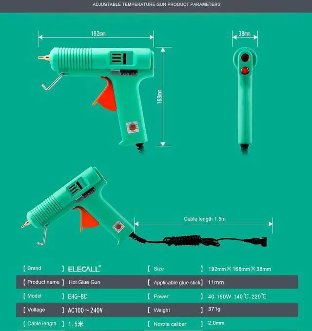Alt view image 4 of 7 - ELECALL Hot Melt Glue Gun Adjustable Constant temperature High Temp Handy Heater Glue Gun EHG-8 60W 100-240v