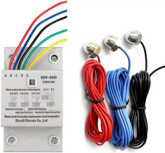 Main image of ELECALL EDF-96D Din Rail Mount Float Switch Auto Water Level Controller AC220V 5A Water Pump Controller - 2M Sensor Cables