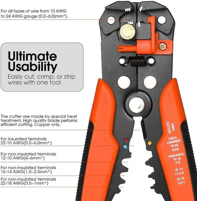 Alt view image 2 of 6 - Multi-functional 8" Self-adjusting Cable Wire Stripper With Cutter & Crimper Automatic Wire Stripping Pliers Crimping Tool 10-24AWG - Orange