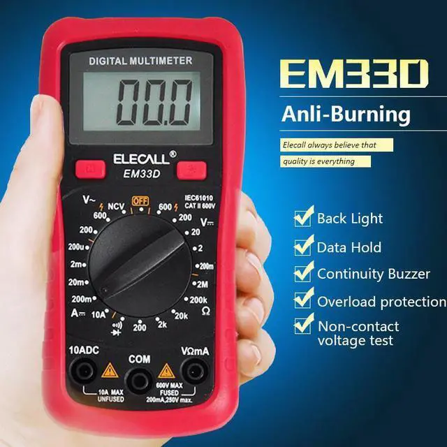 Alt view image 2 of 7 - ELECALL 3 1/2 Multimeter EM33D AC/DC 600V 1999 Counts Backlight Data Hold NCV Voltage Detection Overload Protection