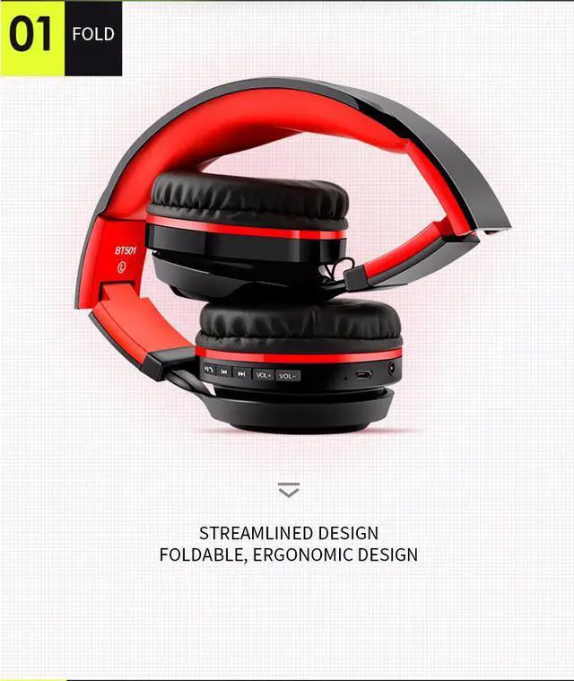 Alt view image 4 of 7 - DPRUI Newest Headphones Bluetooth Headset Foldable Sports Headphone Adjustable Earphones with Microphone For PC mobile phone Mp3 (Red Black)