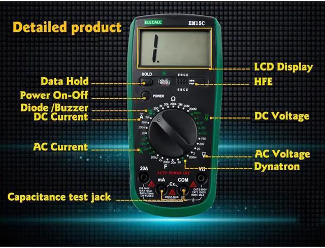 Alt view image 7 of 7 - ELECALL EM15C 2000 Counts Multimeter Plastic Shell LCD Display AC/ DC Testing Auto Power Off Digital Multimeter