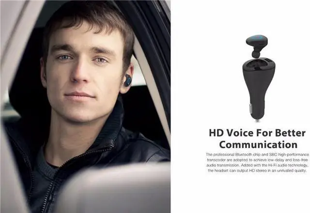 Alt view image 7 of 7 - Roman R6000 Portable Wireless Bluetooth Earphone Handsfree Mini Headset Stereo Earbuds Dock Car Phone Charger 2 In 1 (White)