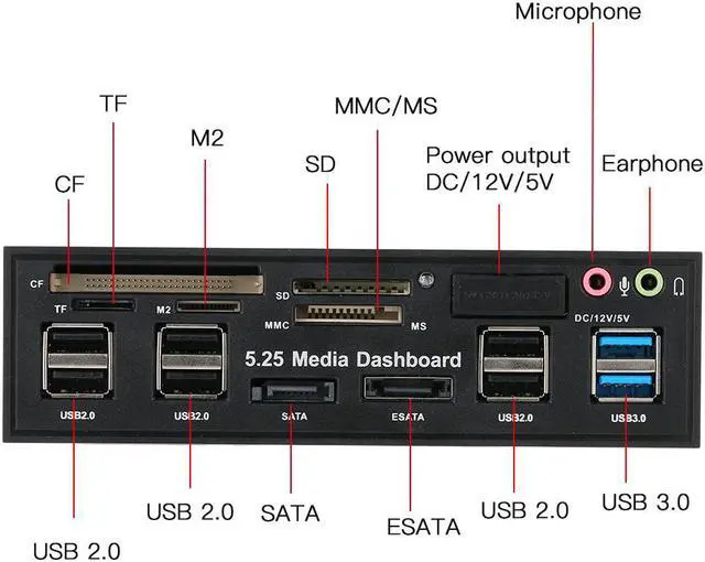 Alt view image 7 of 7 - Multi-Function USB 3.0 Hub eSATA SATA Port Internal Card Reader PC Media Front Panel Audio for SD MS CF TF M2 MMC Memory Cards