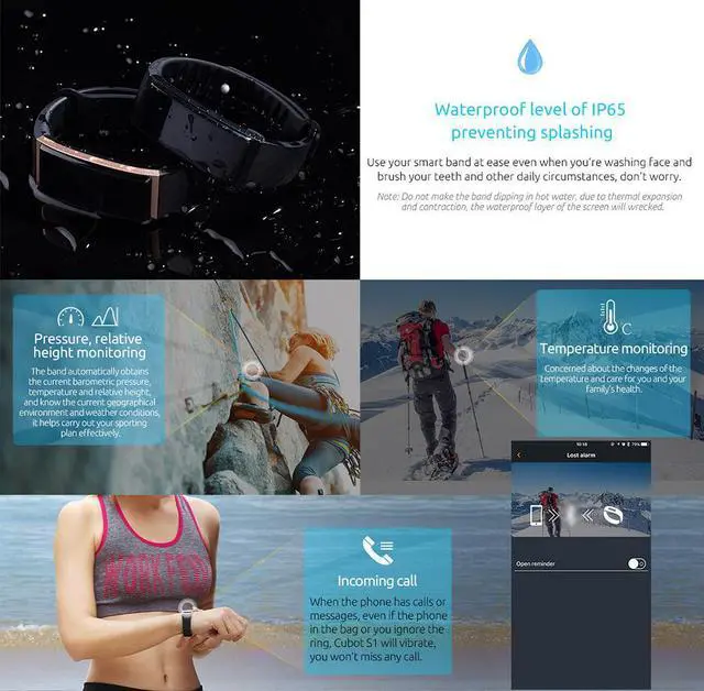 Alt view image 7 of 7 - Cubot S1 Smart Wristband Band Bluetooth Heart Rate Monitor Air Pressure Fitness Tracker IP67 Water for iOS Android (Black)