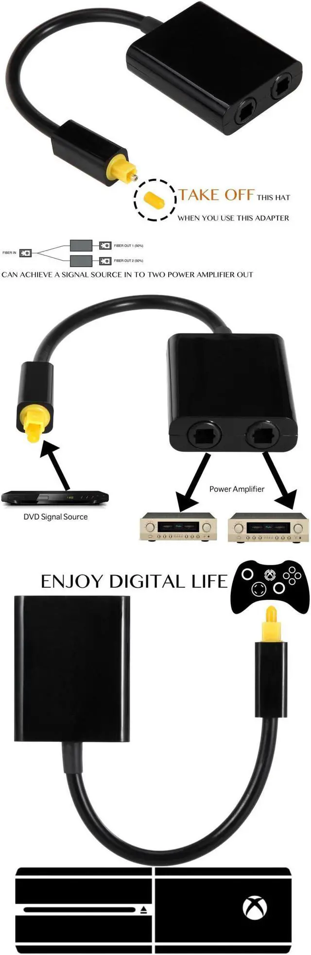 Alt view image 4 of 4 - 1 to 2 Toslink Fiber Digital Optical Audio Splitter Adapter