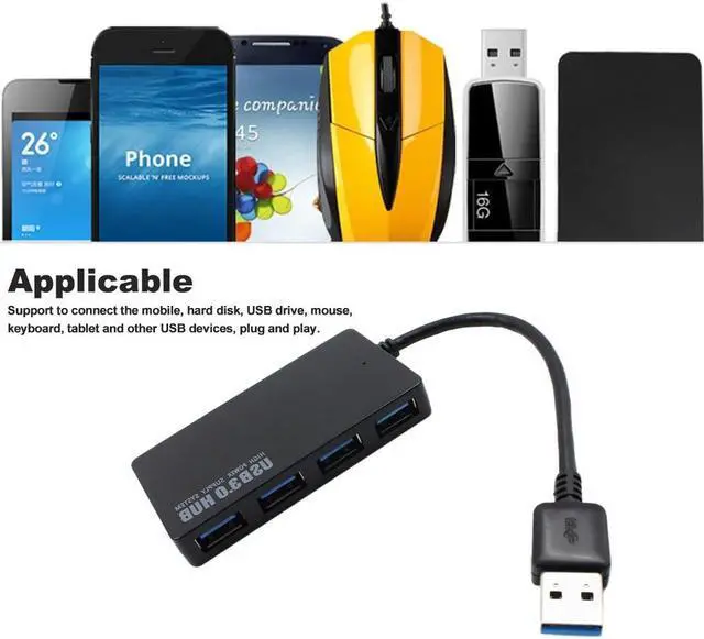 Alt view image 6 of 6 - Portable USB3.0 4 Ports Hub High Speed One Drag Four USB Hub Plug and Play for Laptop Desktop Black