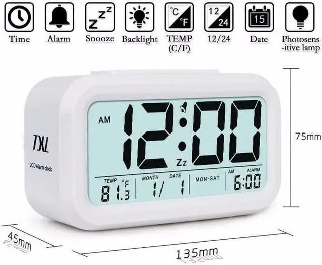 Alt view image 3 of 5 - Digital Alarm Clock Student Clock Large LCD Display Snooze Electronic Kids Clock Light Sensor Nightlight Office Table Clock--White Color