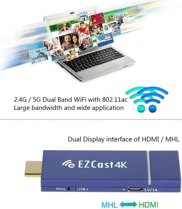 Alt view image 2 of 7 - EZCast WiFi Display Receiver TV Stick Dongle 2.4G/5.0G Dual Band WiFi H.265 4K Decoding HDMI MHL Miracast Airplay DLNA for Smart Phones Notebook Tablet to HDTV