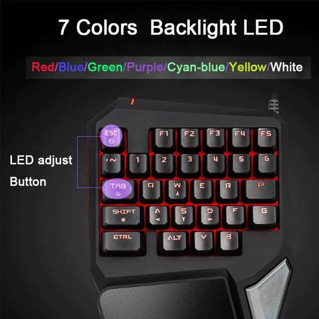 Alt view image 5 of 6 - Delux T9 Pro 7 Colors LED Backlit Single Hand Professional Gaming Keyboard Wrist Support 1.8m USB Wire Anti-Ghosting for PC